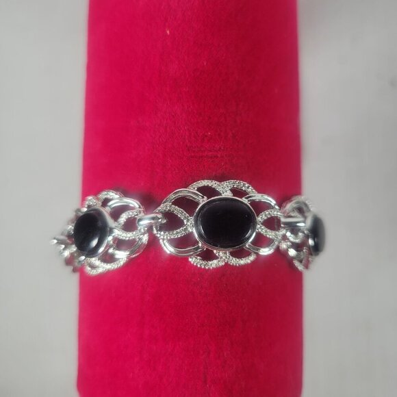 Vintage Sarah Coventry Feminine Classic Silver-Tone Black Cabochon Bracelet - Picture 1 of 3